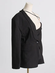 Asymmetric Buttoned Hollow Solid Color Tied Long Sleeves Loose Asymmetric Collar Blazer