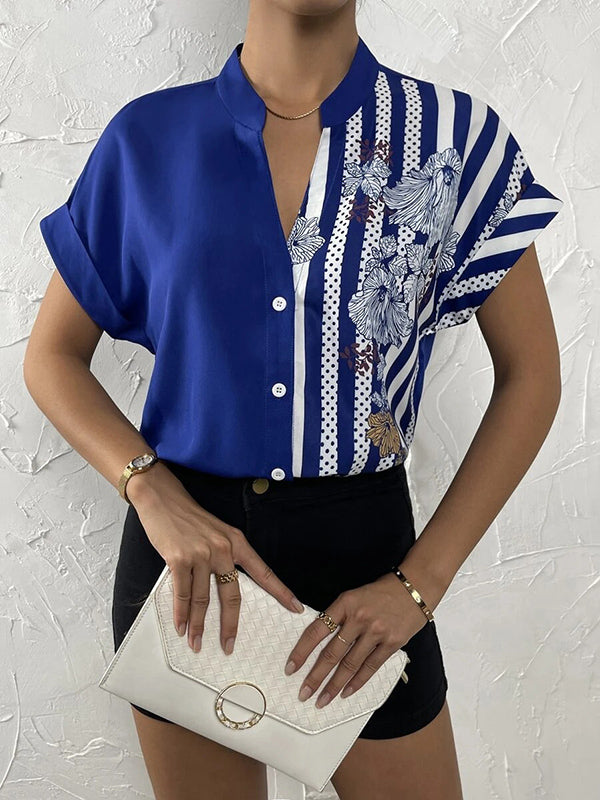 Buttoned Contrast Color Flower Print Striped Loose Short Sleeves V-Neck Blouses&Shirts Tops