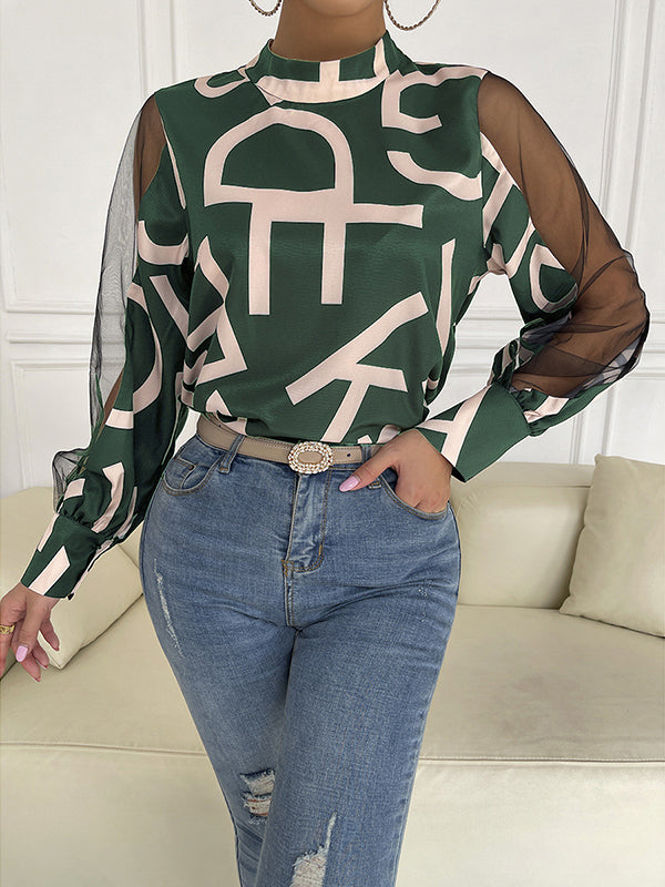 Buttoned Hollow Letter Print See-Through Split-Joint Long Sleeves Round-neck Shirts Tops Blouses&shirts Tops