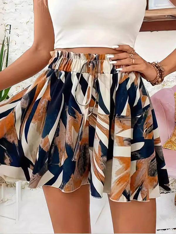 Drawstring Elasticity Printed Split-Joint High Waisted Loose Shorts