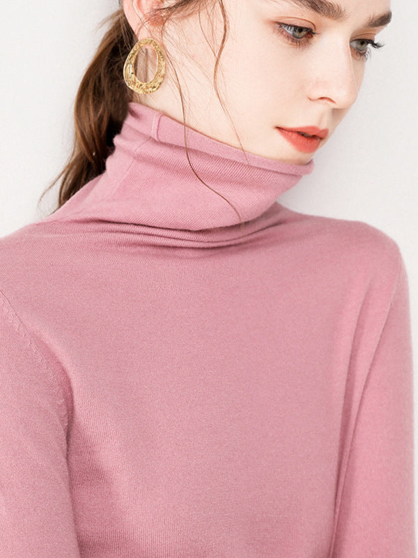 Casual Skinny Long Sleeves Solid Color Heaps Collar Sweater Tops Pullovers