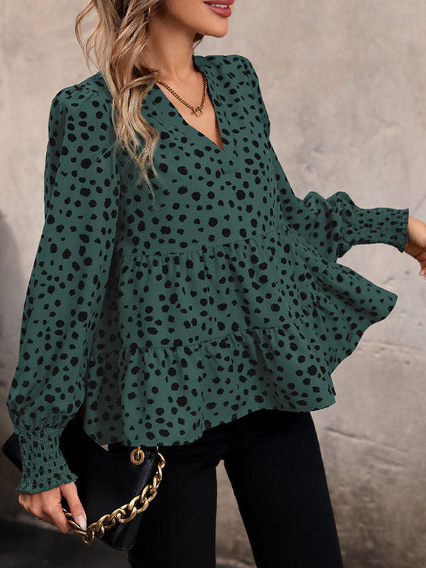 Elasticity Polka-Dot Split-Joint Long Sleeves Loose V-Neck Blouses&Shirts Tops