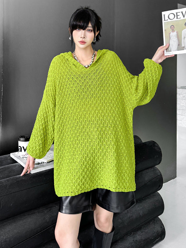 Hollow Solid Color Long Sleeves Loose Hooded Sweater Tops