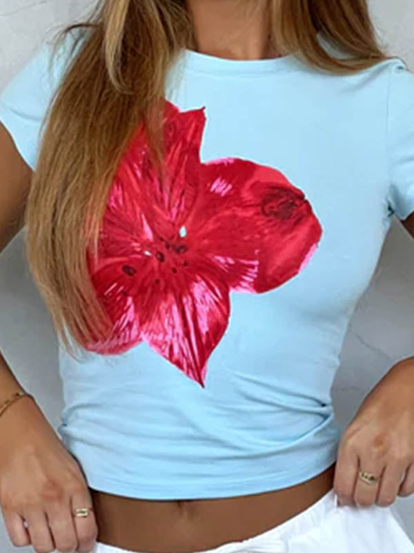 Flower Print Short Sleeves Skinny Round-Neck T-Shirts Tops