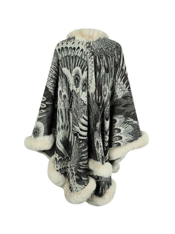 Jacquard Keep Warm Velvet Long Sleeves Loose Collarless Shawl Cape