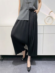Elasticity Pleated Solid Color Split-Joint Harem Pants High Waisted Trousers Pants Ninth Pants