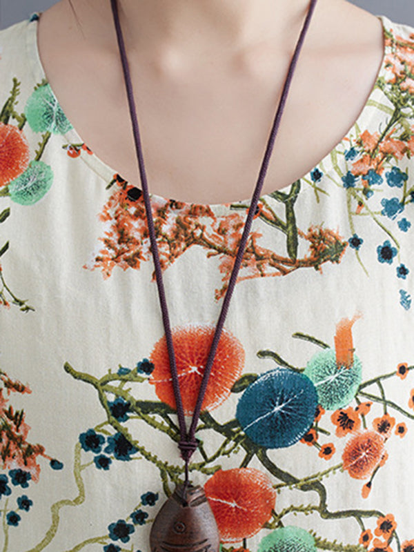 Floral Printed Loose Short Sleeves Round-neck Midi Dresses