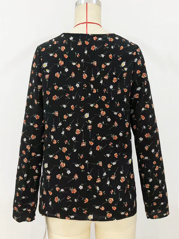 Flower Print Long Sleeves Loose Round-Neck Blouses&Shirts Tops