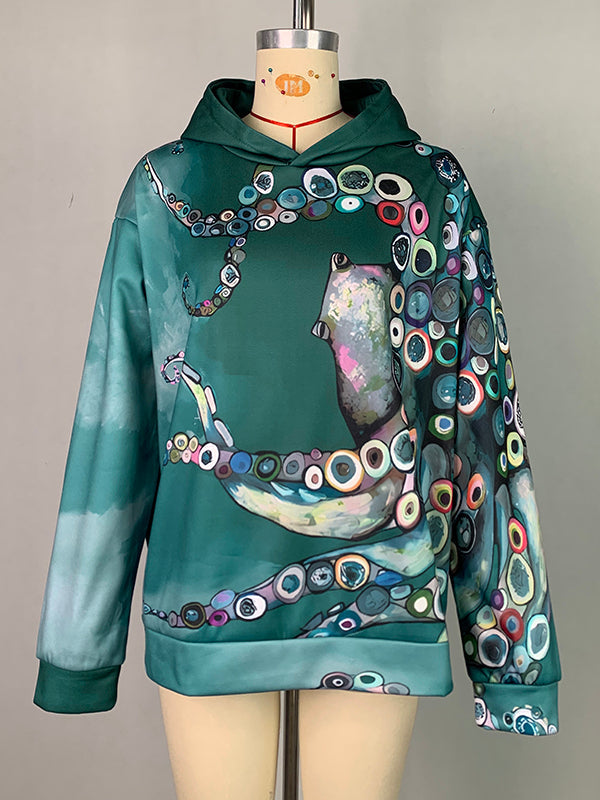 Printed Long Sleeves Hooded Hoodies Tops