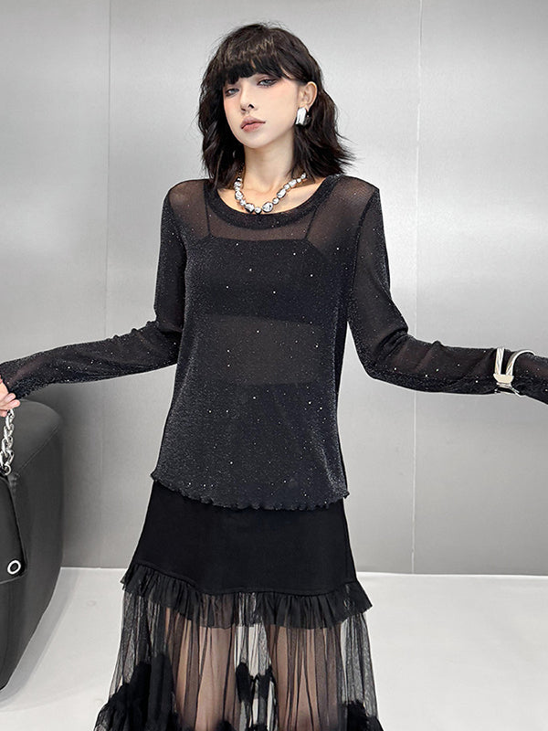 See-Through Shiny Long Sleeves Loose Round-Neck T-Shirts Tops