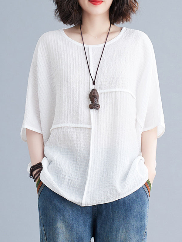 Solid Color Split-Joint Batwing Sleeves Loose Round-neck T-Shirts Tops