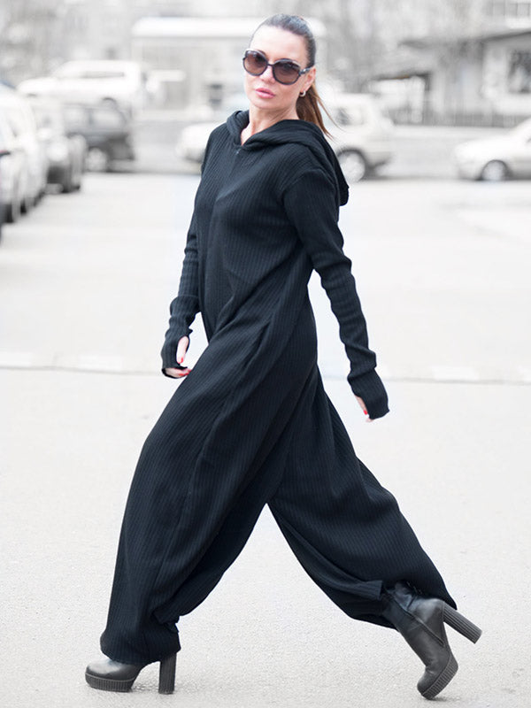 Knitting Black Zipper Hooded Wide Leg Jumpsuits