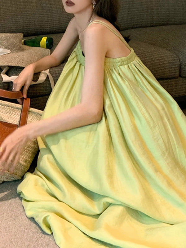 Pleated Solid Color Loose Sleeveless Spaghetti-Neck Slip Dress Midi Dresses
