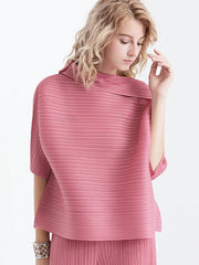 Original Pleated Solid Color Lapel Collar T-Shirt Top