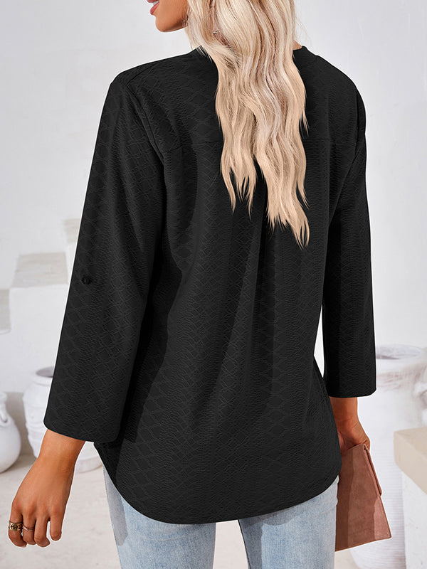 Jacquard Solid Color Loose Three-Quarter Sleeves V-Neck T-Shirts