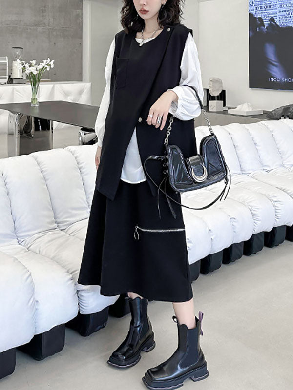 Asymmetric Zipper Loose Sleeveless Round-Neck Vest Top