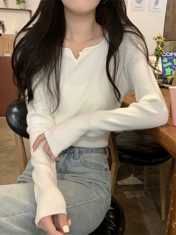 Colorful Solid Color Long Sleeves Skinny V-neck Sweater Tops Pullovers Knitwear