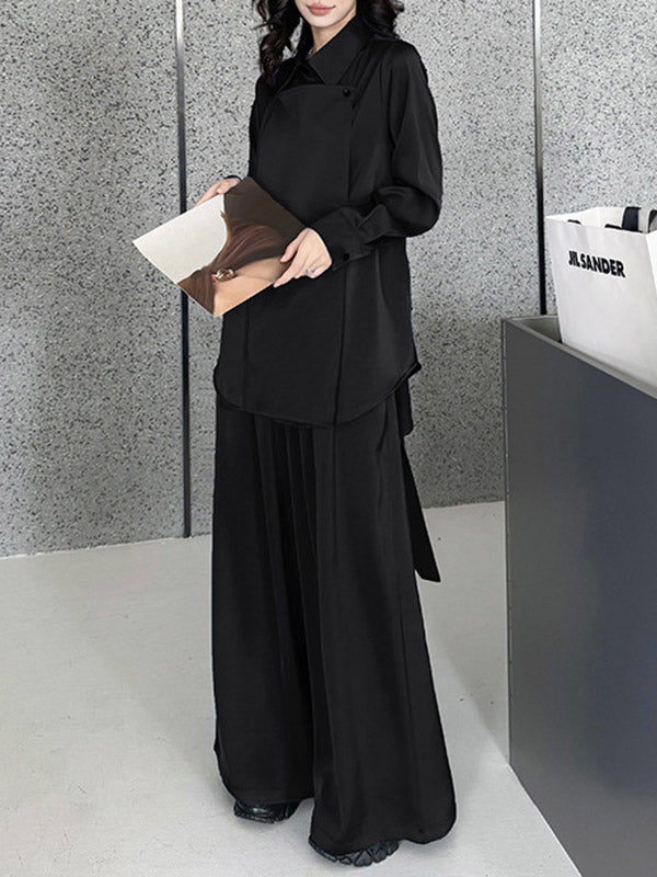 Buttoned Solid Color Long Sleeves Lapel Shirts Top + Elasticity High Waisted Pants Bottom Two Pieces Set