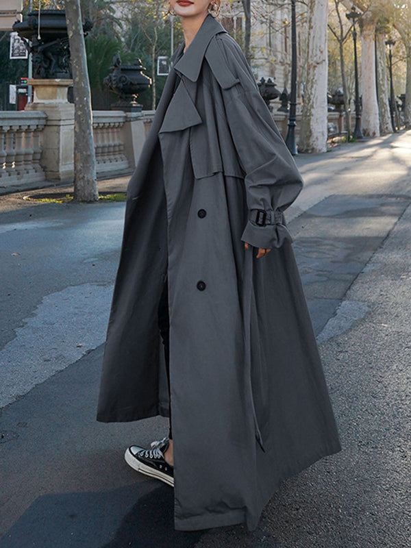 Long Sleeves Loose Buckle Buttoned Split-Back Tied Waist Lapel Outerwear Trench Coats