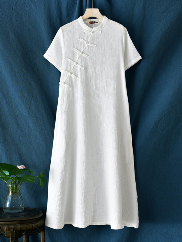 Frog Stand Collar Short Sleeve Loose Long Cheongsam
