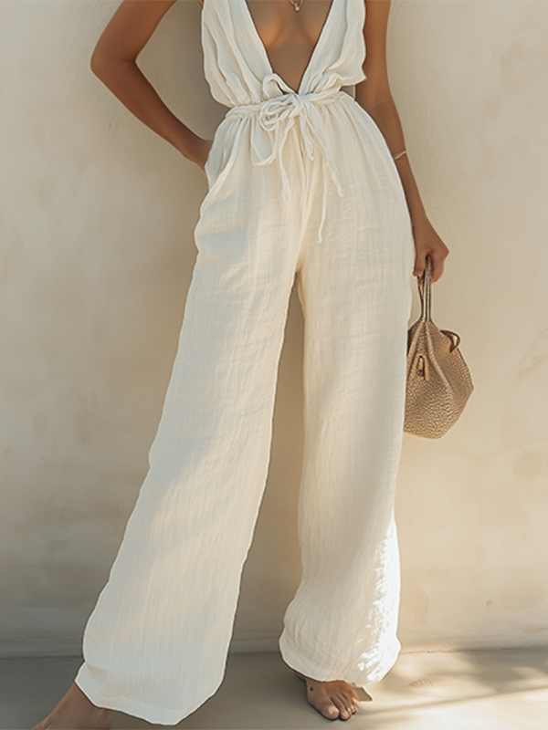 Solid Color Tied Waist Loose Sleeveless Deep V-Neck Jumpsuits