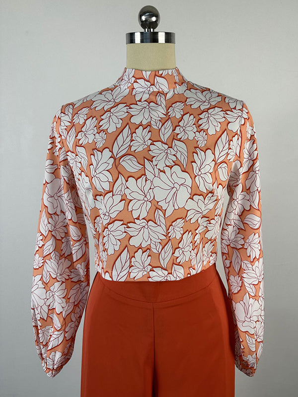 Long Sleeves Mock Neck Flower Print Hollow Shirts Top + High Waisted Pants Bottom Two Pieces Set
