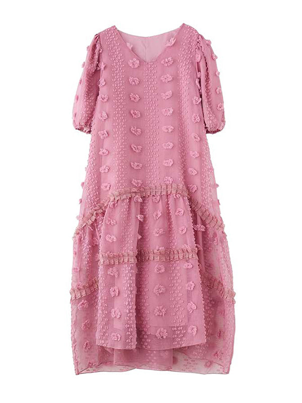 Elasticity Jacquard Solid Color Split-Joint A-Line Half Sleeves V-Neck Midi Dresses