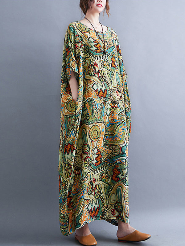 Original Artistic Retro Loose Printed Contrast Color Midi Dress