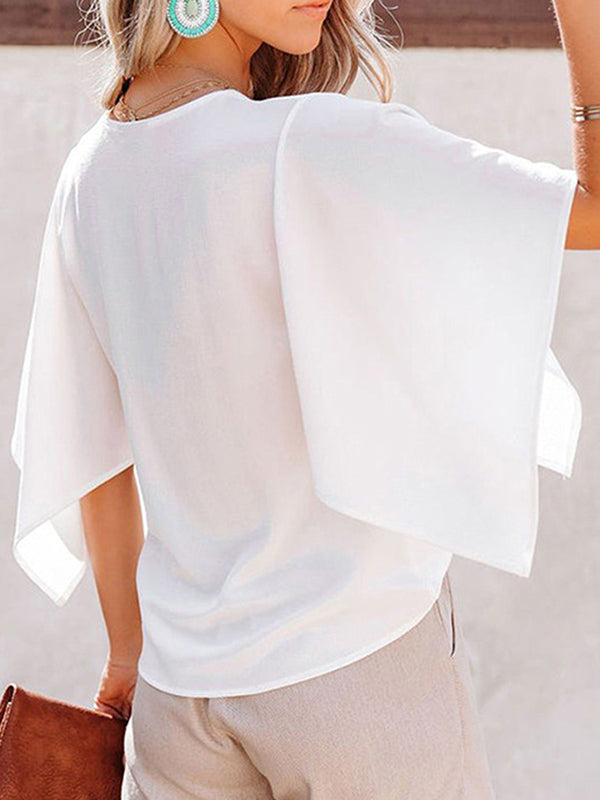 Falbala Solid Color Flared Sleeves V-Neck T-Shirts Tops