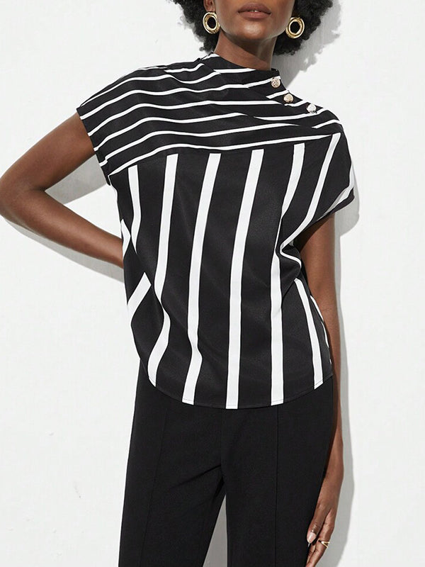 Asymmetric Split-Joint Striped Batwing Sleeves Loose High Neck T-Shirts Tops