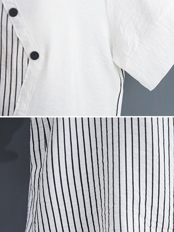Simple Loose Asymmetric Striped V-Neck Blouse