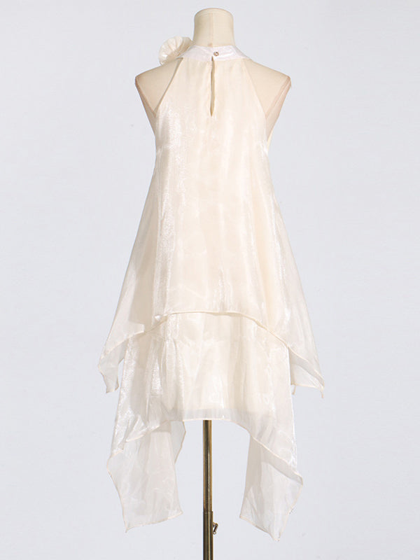 Double Layered Shiny Three-Dimensional Flower High Waisted Loose Halter-Neck Midi Dresses