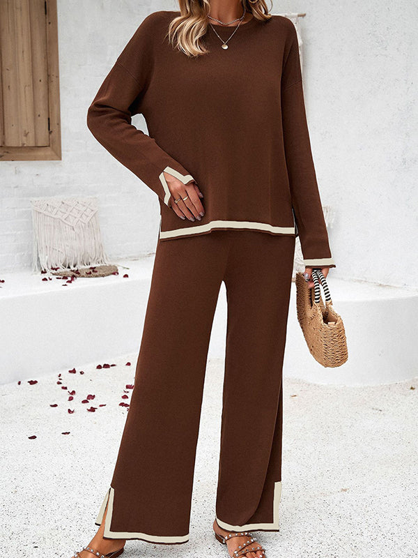Contrast Color Long Sleeves Split-Joint Split-Side Round-Neck High-Low Sweater Tops +  Pants Bottom Two Pieces Set