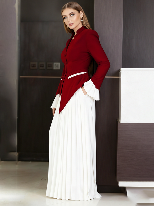 Elasticated Waist Flared Sleeves Asymmetric Belted Buttoned Contrast Color Split-Joint Stand Collar Blouses&Shirts Tops