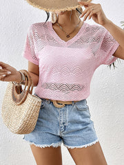 Hollow See-Through Solid Color Split-Joint Loose Short Sleeves V-Neck T-Shirts Tops