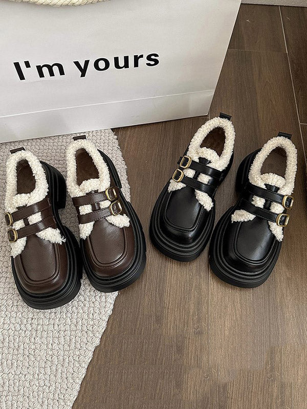 Belt Buckle Round-Toe Split-Joint Velvet Platform Shoes Loafers