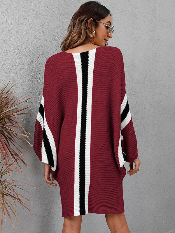 Original Loose 4 Colors Striped Round-Neck Batwing Long Sleeves Sweater Dress