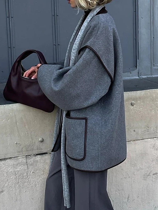 Pockets Solid Color Split-Joint Tied Waist Long Sleeves Loose V-neck Woolen Coat