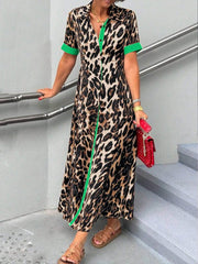 Buttoned Contrast Color Leopard Loose Short Sleeves Lapel Shirt Dress Maxi Dresses