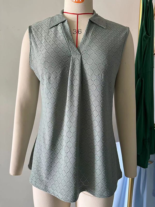 Pleated Solid Color Split-Joint Loose Sleeveless Lapel Vest Top