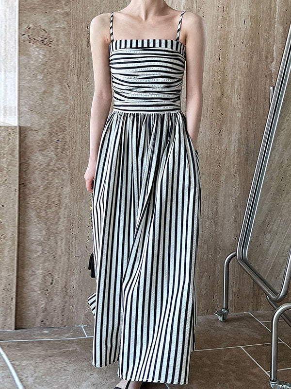 Pleated Split-Joint Striped Loose Sleeveless Spaghetti-Neck Midi Dresses