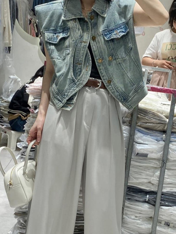 Asymmetric Buttoned Pockets Split-Joint Loose Sleeveless Lapel Collar Vest Outerwear