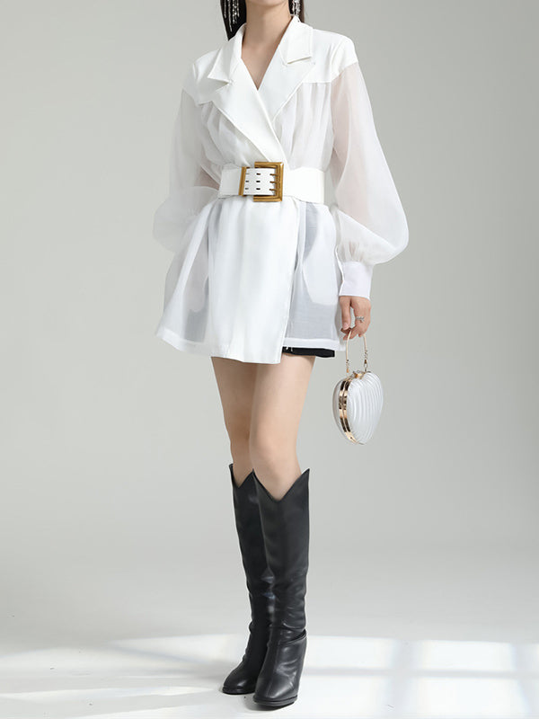 See-Through Split-Joint Tied Waist Loose Puff Sleeves Lapel Blouses&Shirts Tops