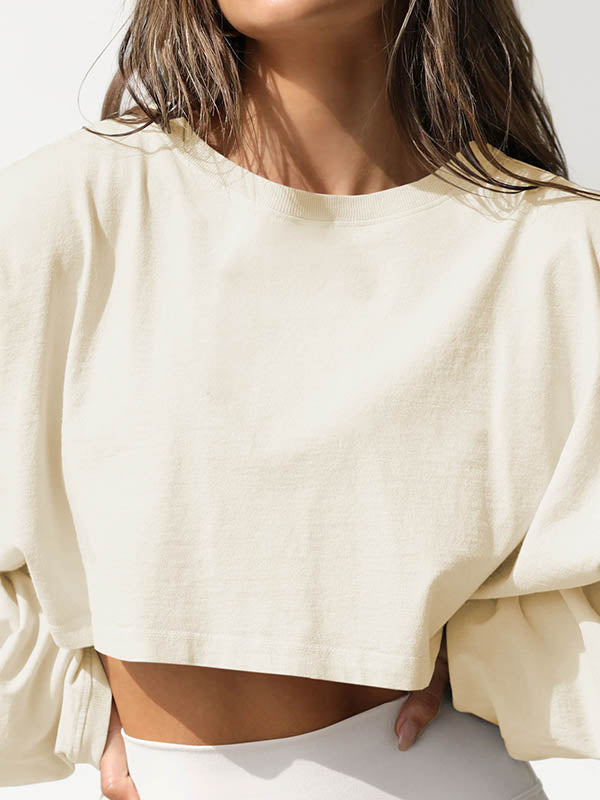 Solid Color Split-Joint Long Sleeves Loose Round-Neck Sweatshirt Tops