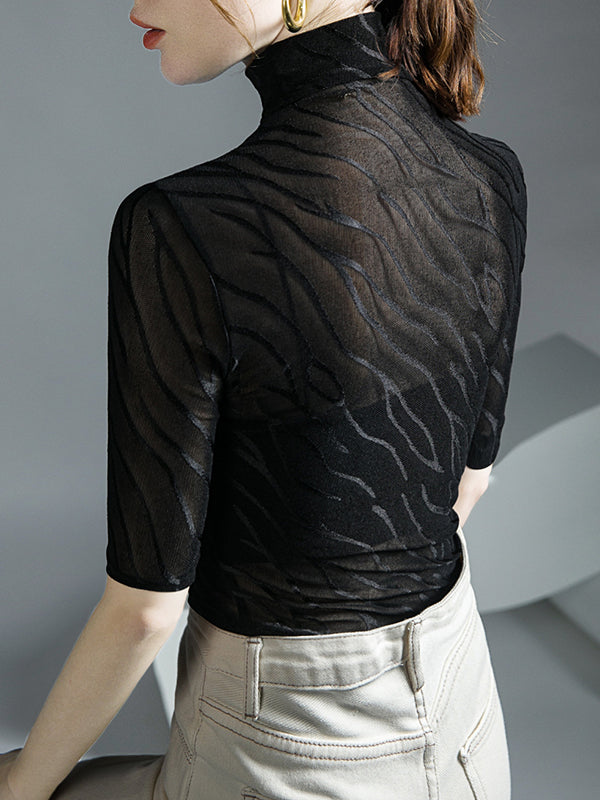 See-Through Half Sleeves Plus Size High Neck T-Shirts Tops