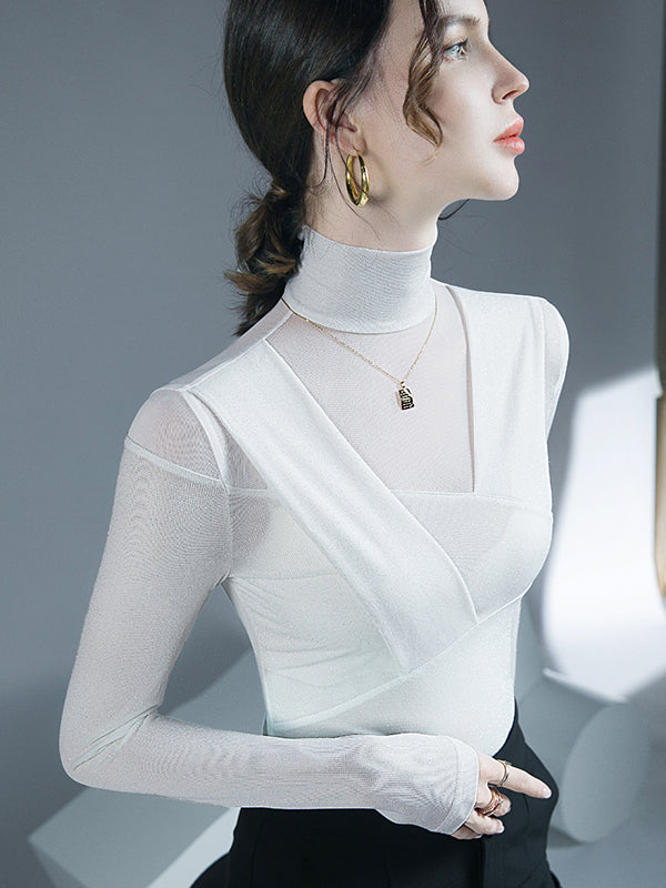 Asymmetric Mesh See-Through Shiny Split-Joint Long Sleeves Skinny Half Turtleneck Blouses&shirts Tops