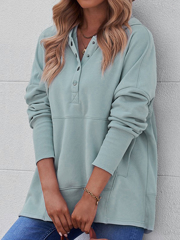 Buttoned Hooded Split-Joint Batwing Sleeves Long Sleeves V-Neck Hoodies Tops