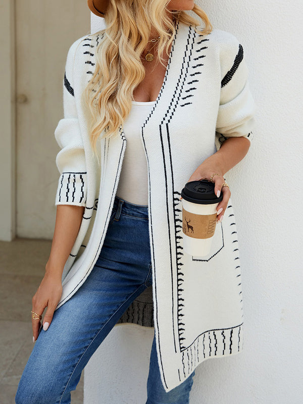 Jacquard Split-Joint Long Sleeves Loose V-Neck Cardigan Tops