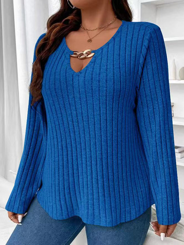 Solid Color Long Sleeves Loose V-Neck T-Shirts Tops