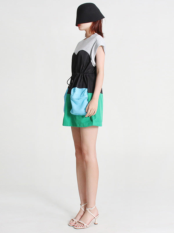 Stylish Selection Short Sleeves Loose Drawstring Split-Joint Round-Neck Mini Dresses